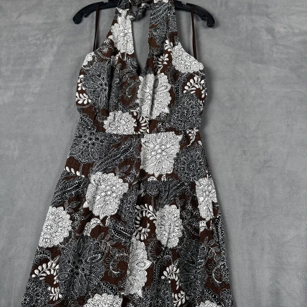 New Loft Brown White Floral Paisley Halter Maxi Dress Size 4 Boho‎ Summer V-Neck